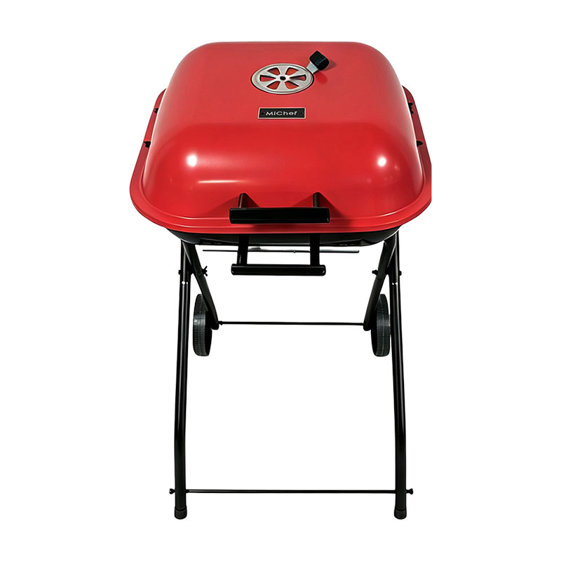 Asador de Carbón MiChef BRASA-R Portátil Plegable con Tapa Rojo, Parrilla de Acero y Ruedas para Exterior